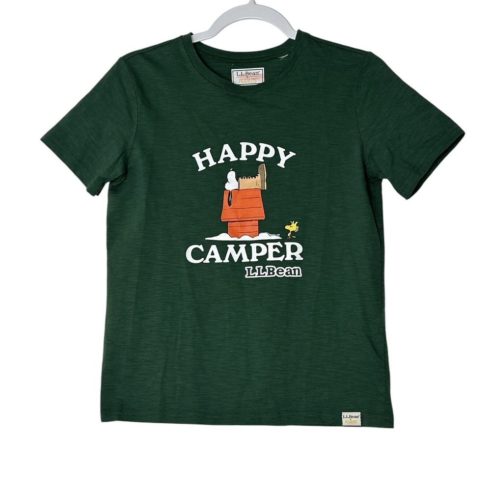 LL Bean x Peanuts Tshirt Kids Large Snoopy HAPPY CAMPER Green Cotton Short Sleev